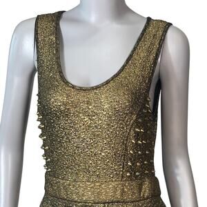 VTG Y2K A'gaci Metallic Gold Studded Peplum Mini Dress Size S‎ Punk Rock Glam